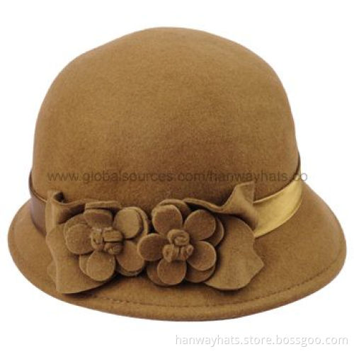 Fashionable Kids' Felt Hat/Cloche Hat with satin band and self felt flowers trim